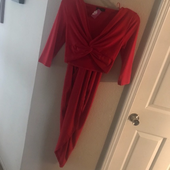 New Red Crop Top Wrap Midi Stretch Skirt Set S - Picture 2 of 4